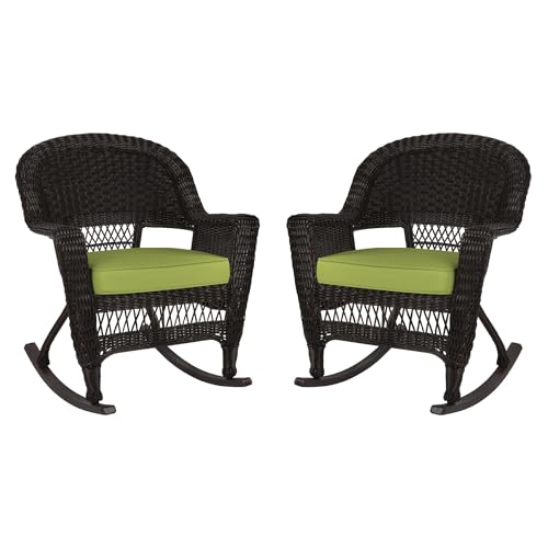 Jeco Rocker Wicker Chair with Green Cushion, Set of 2, Espresso