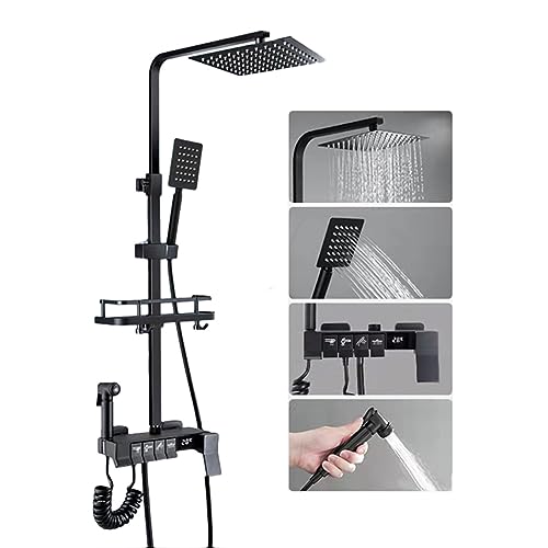 Outdoor Shower Fixture Digital Display Exposed Shower with Rainfall Shower Head High Pressure Hand Spray Wall Mount 4 Function