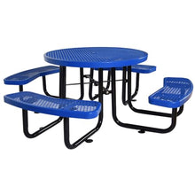 Hassyee Square/Round Outdoor Picnic Table Set with Umbrella Pole and 4 Pieces Built-in Benches for Garden, Lawn, Patio Furniture Set with Carbon Steel Frame for Deck, Poolside (Blue + Round)