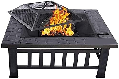 BBQ Grill Outdoor Fire Pits Outdoor Wood Burning 32in Outdoor Fire Pit Metal Square Firepit Wood Burning Backyard Patio Garden Beaches Camping Picnic Bonfire Stove with Cover BBQ Cookin