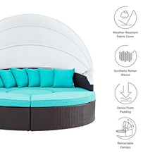 Modway Convene Wicker Rattan Outdoor Patio Retractable Canopy Round Poolside Sectional Sofa Daybed with Cushions in Espresso Turquoise