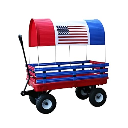 FARM-TUFF Trekker Plastic Garden Wagon with USA Flag Canopy, Red & Blue, 37" x 20" - Removable Side Racks, Pneumatic Tires & 300lb Capacity for Gardening, Yard Work & Outdoor Play