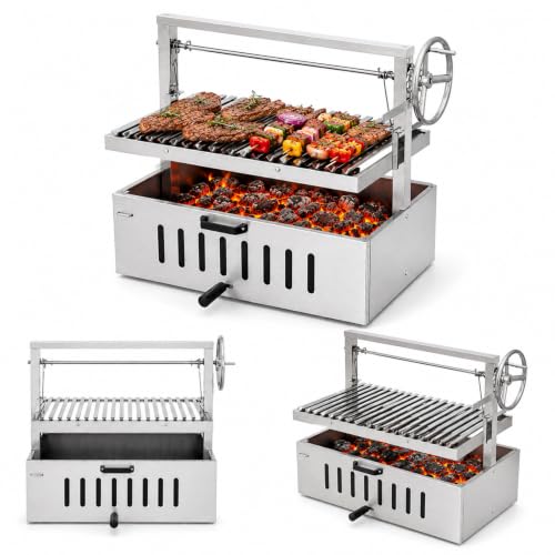 Santa Maria Grill, Argentine Parrilla Charcoal BBQ with Hand Crank Adjustable Height V Grate, Stainless Steel Outdoor Grill for Patio and Backyard