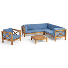 GDFStudio Outdoor 6 Seater Acacia Wood Sectional Sofa and Club Chair Set, Teak Finish & Blue