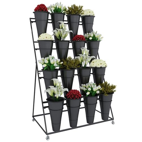Flower Display stand s with Flower Buckets, Movable Plant Cart Shelf Cut Flowers Container Shelf, Metal Mobile Florist Bouquet stand for Flower Shop, Wrought Ir（Black Frame Black Bucket-100×65×150cm）