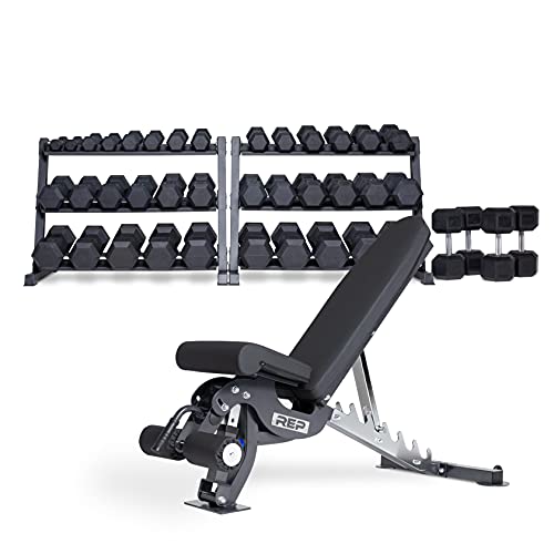 Rep Fitness Rubber Hex Dumbbell Set with 3-Tier Dumbbell Rack, AB-3000 Bench - OptionF: 5-100withAdj