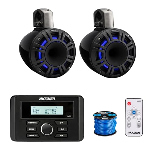 KICKER Marine Gauge Style USB Bluetooth AM/FM Stereo Receiver with 2X 8" 500W LED Horn-Loaded Tower Speakers Black