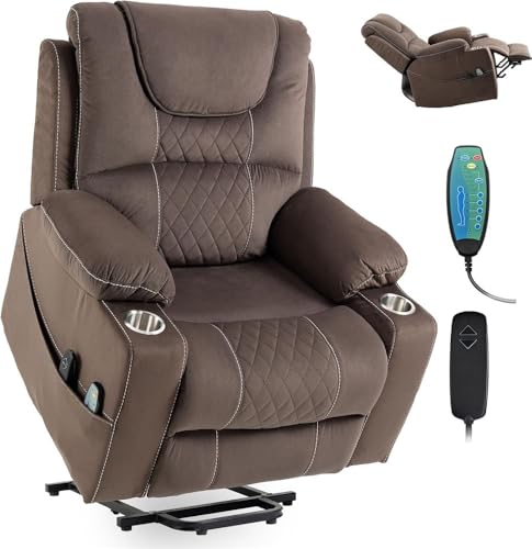 UOPYNE Large Dual Motor Power Lift Recliner Chair for Elderly, Lay Flat Electric Sleeper Recliner with Massage and Heat, Living Room Reclining Sofa with Cup Holder and Side Pockets