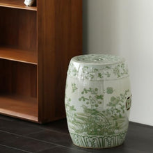 18.5" Ceramic Garden Stool, Green & White Chinoiserie Flower Bird Motif Drum Stool, Indoor Outdoor Patio Accent Side Table, Plant Stand and Decorative Stool for Living Room, Garden, Balcony green