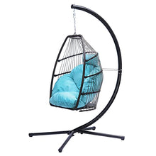 Hanging Rope Swing Seat Patio Wicker Folding Hanging Chair with Cushion and Pillow Rattan Swing Hammock Egg Chair with X Type Base and C Type Bracket for Indoor/Outdoor(Black+Blue)