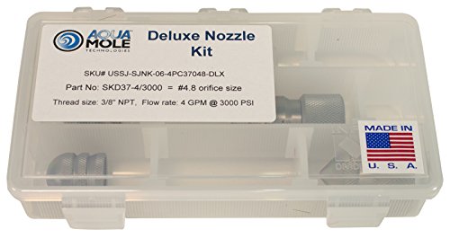 Aqua Mole 4pc Sewer Squad Deluxe Jetter Nozzle Kit 3/8in. NPT 3000 PSI 4.8 Orifice Thruster Flusher Degreaser & Roto Spinner