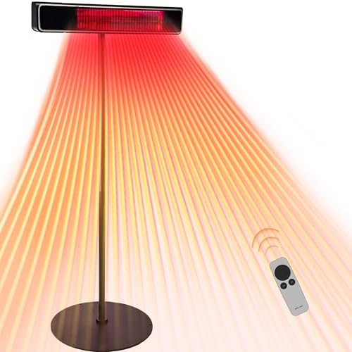 EAST OAK Patio Heater, 1500W Standing Indoor Outdoor Heaters for Patio with Nanocrystal Glass-ceramic, 3 Heat Settings & 24h Timer, Fast Heat Waterproof & Dustproof, Tip-over & Overheat Protection