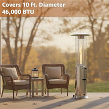 46,000 BTU Stainless Steel Round Commercial Propane Outdoor Patio Heater with Glass Flame Tube and Protective Mesh – Freestanding Portable Design with Wheels for Patio, Deck, Restaurant, Events