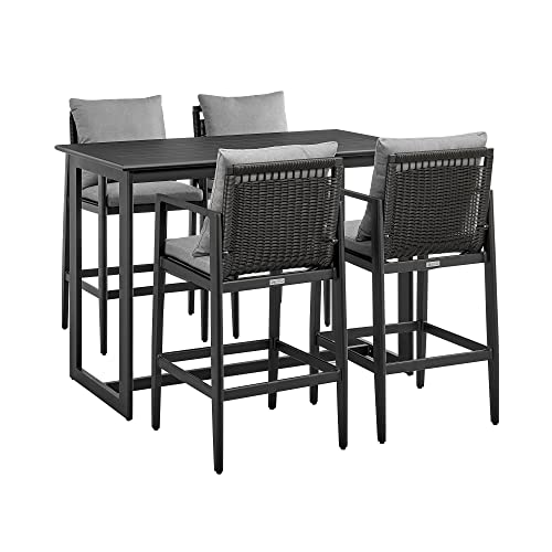 Armen Living Grand Outdoor Patio 5-Piece Bar Table Set in Aluminum with Grey Cushions