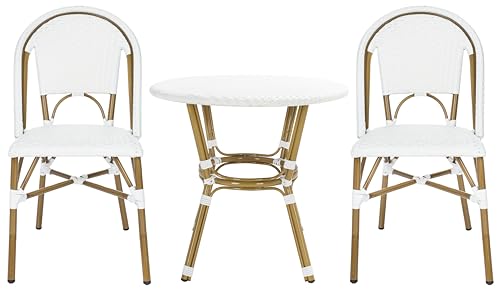 SAFAVIEH Outdoor - Salcha California 3 Piece Bistro Set - White Faux Wicker & Aluminum Frame - Coastal Design - Ideal for Patio, Deck, Sunroom, Dining Area (PAT9500C-KIT2)