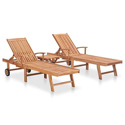 WANGKENSU Outdoor Wood Lounge Chaise,Patio Lounger for Pool,Beach Chair,Outdoor Bed,2 Piece Sunlounger Set with Table Solid Acacia Wood (Brown 15.7" x 15.7" x 13.8" (L x W x H))