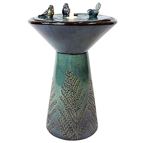 Sunnydaze 28" Ceramic Garden Water Fountain with LED Lights & Bird Accents