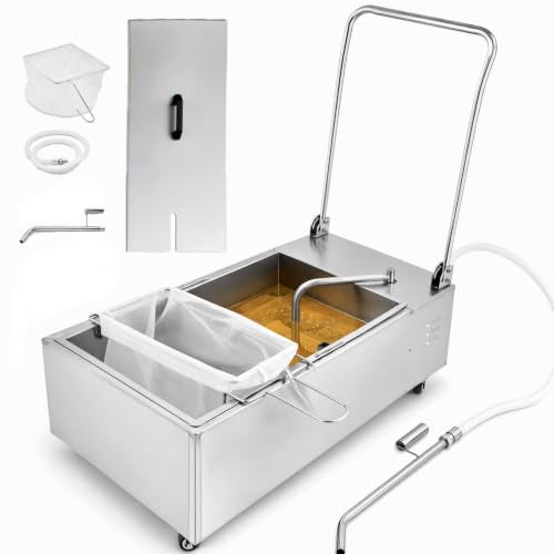 55L/14.53Gal Commercial Mobile Fryer Filter with Filter Bag&Paper 370W, Vegetable Animal Oil Filler Machine Stainless Steel Free Standing Separator Oil Filter System for Restaurants Chicken Shops