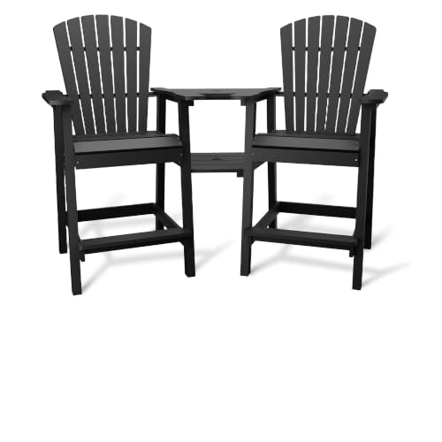 TrailBlaze Set of 2 Adirondack Bar Height Patio Chairs, Recycled HDPE/Poly All-Weather Outdoor Bar Stools - High Back & Footrest - Connecting Tray with Umbrella Hole - for Deck, Balcony, Backyard &