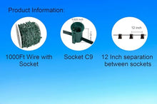 KFG Creative Solutions 1000 feet C9 Christmas Spool Green Wire with Socket – 12 inch Spacing, Intermediate Base (C9/E17), Spt-1, Stringer Bulk Reel