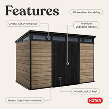 Keter Signature Collection 11x7 Ft All-Weather Storage Shed with Skylight, Window, Built-in Ventilation, & Lockable Double Doors, Pine