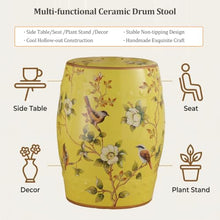 Labasuan Yellow Ceramic Garden Stool, Round Decorative Side Table with Floral Bird Design, Hand-Painted, Waterproof Durable Plant Stand & Extra Seating, for Indoor Outdoor Patio, Living Room