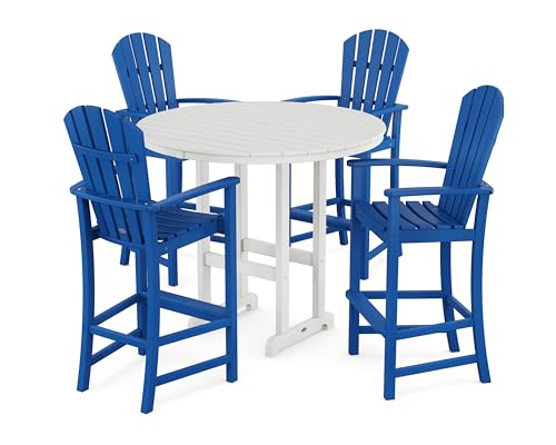 POLYWOOD® Palm Coast 5-Piece Round Farmhouse Bar Set in Pacific Blue/White