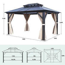 YITAHOME 10x12FT Hard-Top Double Roof Gazebo Canopy with Netting and Curtains Brown