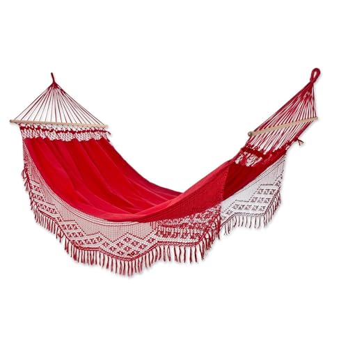 NOVICA Artisan Tropical Red Cotton Hammock with Spreader Bars, Handwoven Red Single Rope Swing from Brazil, Bed 91 L x 65 W, Total Length 142 L