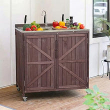 YATON Outdoor Grill Cart with 304 Stainless Steel Sink & Faucet, 40" Rolling BBQ Prep Table with Storage Cabinet & Locking Wheels, Wooden Outdoor Kitchen Island for Patio Backyard,Brown