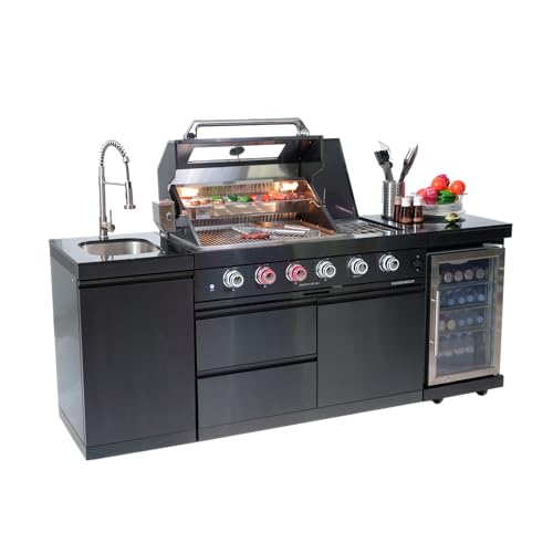 85 Inch Stainless Steel Gas Grill Island for Outdoor Kitchen Bar Barbecue with 72000 BTU, 4-Burner, Wine Cooler, Compact Refrigerator, Rotisserie Kit, Granite Countertops, Stainless Steel Sink