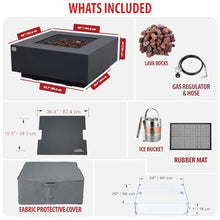 AMS 40" Square Concrete GFRC Propane Gas Fire Pit Table Bundle (Dark Gray)