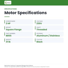 2Hp Swimming Pool Motor #B855 Sq fl. 2Yr Manufacturers Warranty Century Motor