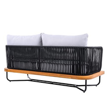Christopher Knight Home Anna Patio Sofa Set with Cushions, Acacia Wood Patio Lounge Sofa with Woven Rope Back for 8 People, Outdoor Sofa Set, Spacious Seating Couch for Garden, Light Grey+Teak+Black