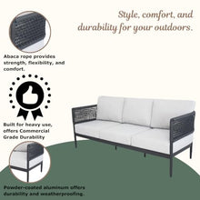 IC INTERNATIONAL CONCEPTS, Outdoor Woven Abaca Rope 3 Seater Patio Sofa with Cushions, Powder Coated Aluminium Frame, 74" W x 31" D x 28" H, 350 Lbs Wt. Capacity, Fully Assembled, Charcoal