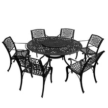 Oakland Living Modern Ornate Outdoor Mesh Aluminum 59" Large Round Patio Lazy Susan Dining Set with Six Chairs Black