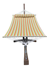 Petra Leisure 14 Ft. Wooden Arc Hammock Stand + Deluxe Quilted Double Padded Hammock Bed w/Pillow. 2 Person Bed. 450 LB Capacity(Teak Stain/Spring Stripe)