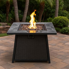 Deko Living Propane Gas Outdoor Fire Pits Table with Tile Tabletop and Lava Rock, 35 Inch Square 50,000 BTU Auto-Ignition Wicker Base Fire Pit Table for Patio Garden Deck Backyard Poolside