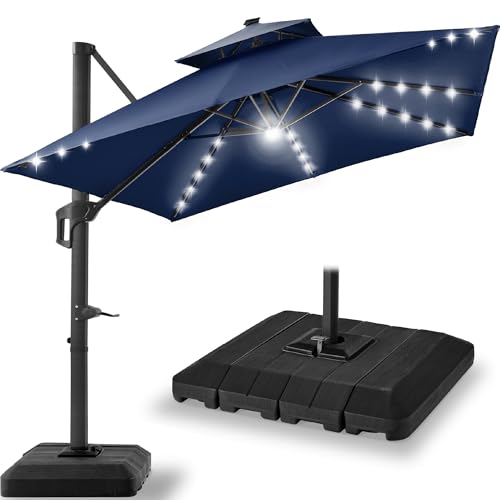Best Choice Products 9x12ft LED Cantilever Patio Umbrella w/Base Included & 360° Rotation, Large Solar Offset Hanging Outdoor Sun Shade for Deck, Backyard Table w/Stand & Lights – Navy Blue