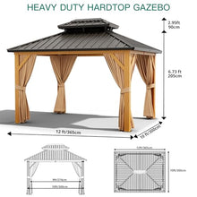 GarveeLife 10x12ft Double Roof Hardtop Gazebo with Netting and Curtains Wood Grain