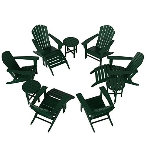 WO Home Furniture Set of 12-6pcs Traditional HDPE Adirondack Chairs with 3pcs Ottoman and 3pcs Side Table, All Weather Resistant for Patio, Outdoor, Balcony, Backyard, Deck, Pool, Dark Green
