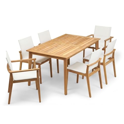 POVL Outdoor Menlo 7-Piece Teak Hardwood Patio Dining Set for 6 — 63" x 35.5” Compact Rectangular Grade A Teak Table, 2 Stacking Armchairs & 4 Stacking Side Chairs - for Small Patios & Decks (White)