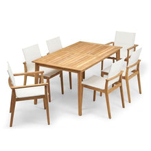 POVL Outdoor Menlo 7-Piece Teak Hardwood Patio Dining Set for 6 — 63" x 35.5” Compact Rectangular Grade A Teak Table, 2 Stacking Armchairs & 4 Stacking Side Chairs - for Small Patios & Decks (White)
