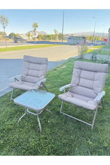 SODEF 2-Piece Outdoor/Indoor Seating Set with Tempered Glass Coffee Table, Beige Metal Frame, Foldable Design for Patio, Balcony, or Living Room, Comfortable and Stylish Lounge Furniture