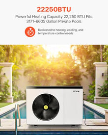 VEVOR Pool Heat Pump, 22250 BTU Electric Heater for Above Ground and In Ground Pools up to 3,171-6,605 Gallons, Energy Efficient Heating and Cooling, Low Noise, 120V/60Hz