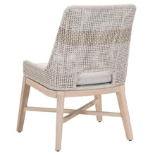 MAKLAINE Transitional Outdoor Dining Chairs, Set of 2, Gray Teak Wood Frame, Taupe and White All-Weather Fabric Cushions, Rope Pattern Seat Back, 34.5" H x 24.75" W x 23.5" D, Patio Seating