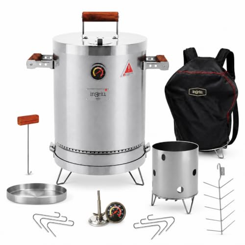 INGRILL Mini 6 lb Stainless Steel Vertical Barrel Smoker Grill, 3-in-1 Charcoal BBQ for Smoking, Grilling & Baking, Low-Smoke Design with Backpack Bag & Fishbone Skewer Rack for Balconies