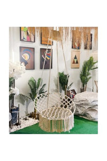 Handmade Macrame Swing Chair 59.1 in Height Ecru Cotton Rope, Indoor/Outdoor Use, Single Person Capacity, Modern Style with Steel Anchor for Garden and Balcony