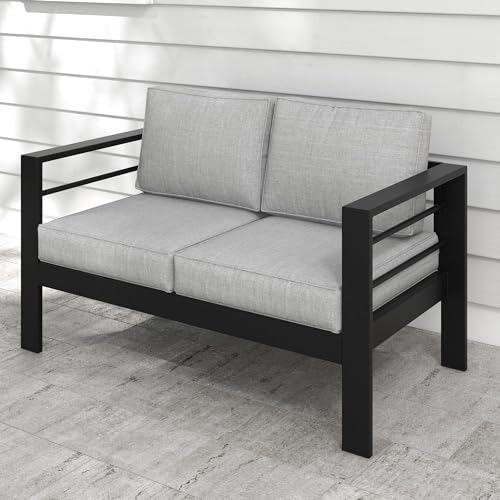 FansaFurn Outdoor Patio Furniture Loveseat Sofa, All-Weather Metal Aluminum Patio Couch with 5" Thick and Soft Cushion and Wide Arm, Outdoor Couch for Balcony, Porch, Backyard