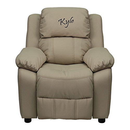 Flash Furniture Personalized Deluxe Padded Kids Recliner with Storage Arms Beige Vinyl